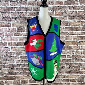 The Quacker Factory Ugly Christmas Vest SZ 2X Reindeer Snowman Tree Bells Angels